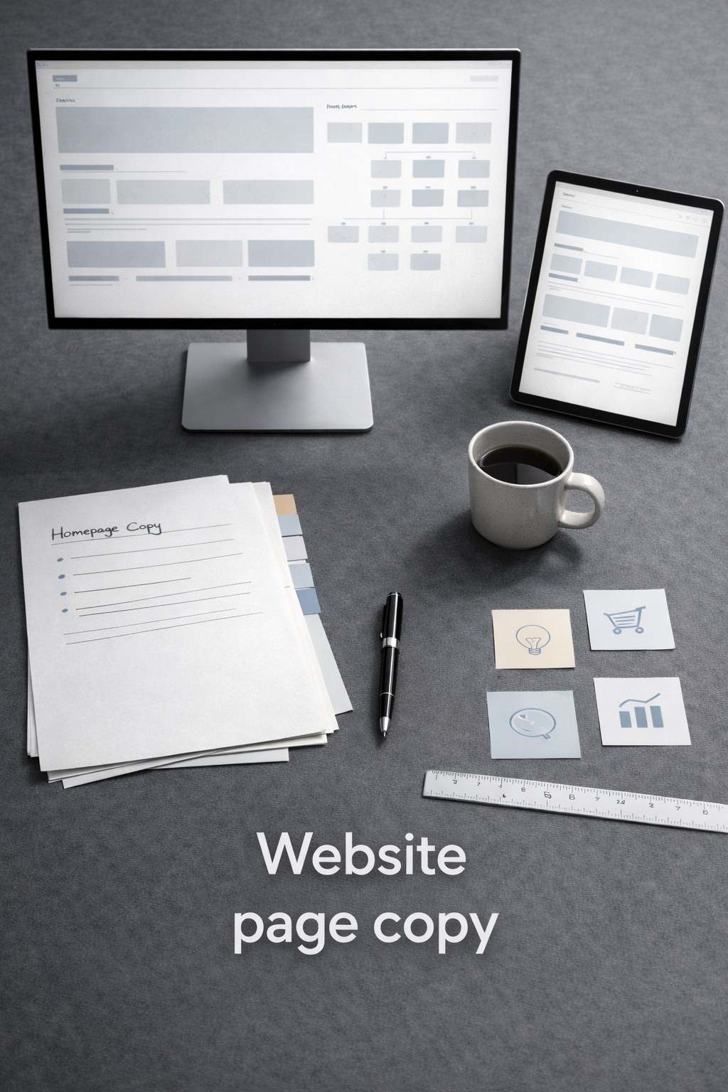 monitor and tablet showing page wireframes and sitemap representing website page copy.