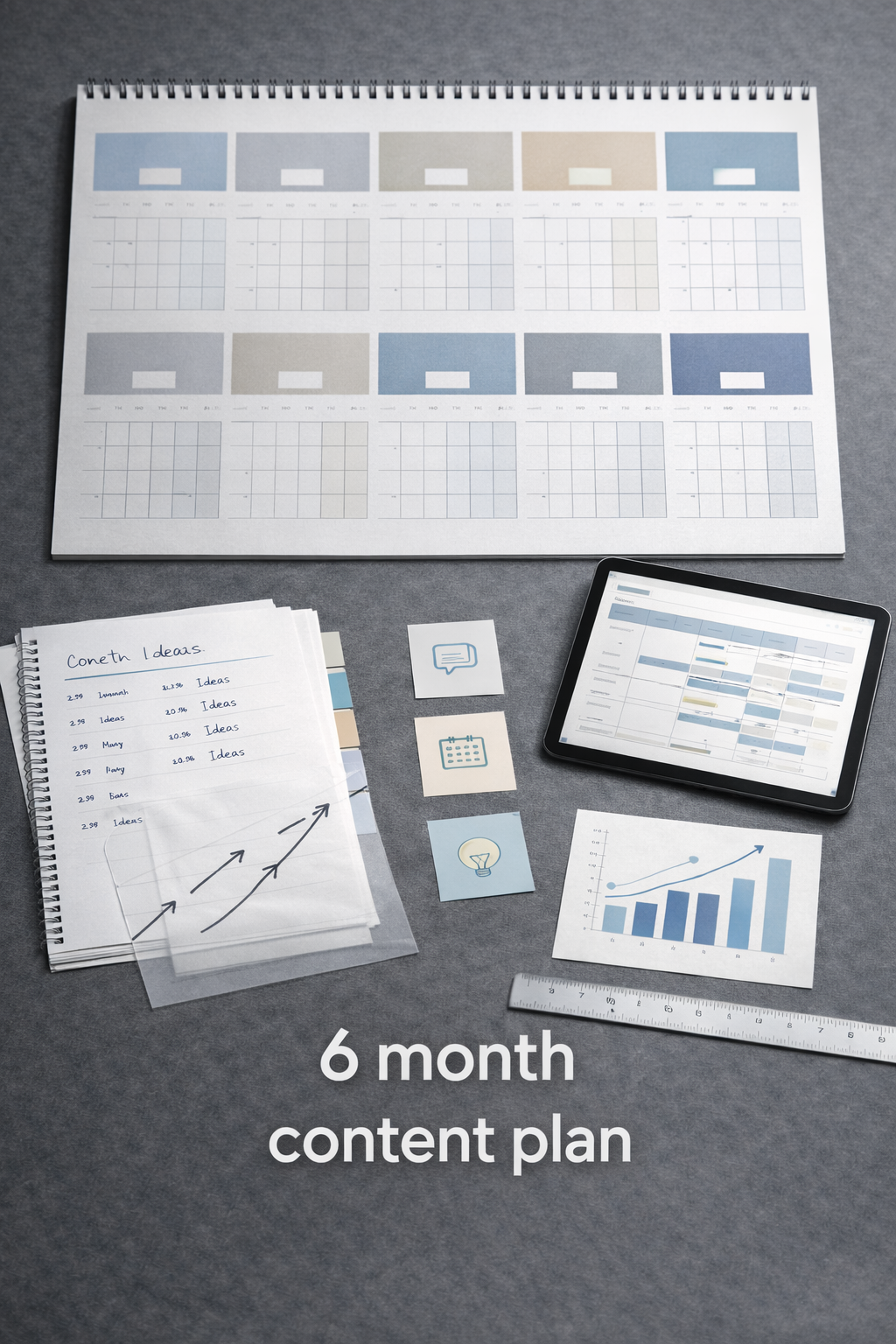 Photorealistic calendar, timeline chart, and planning tools symbolizing a six-month content plan.