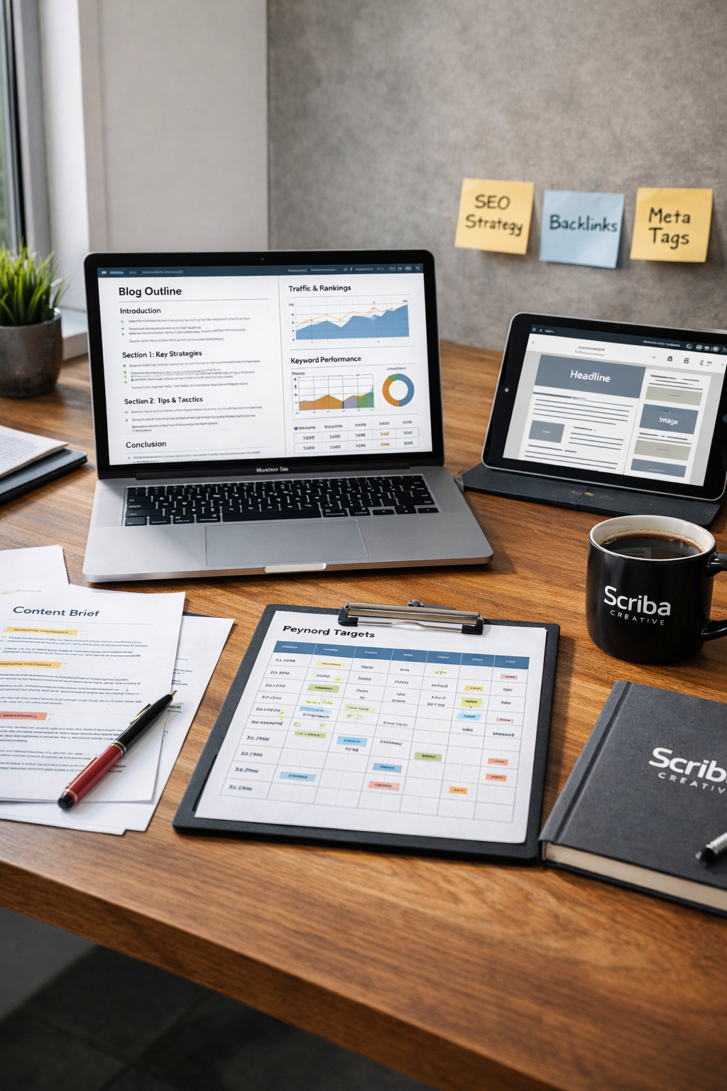 branded desk items, representing white label copywriting and SEO services for agencies for Scriba Creative.