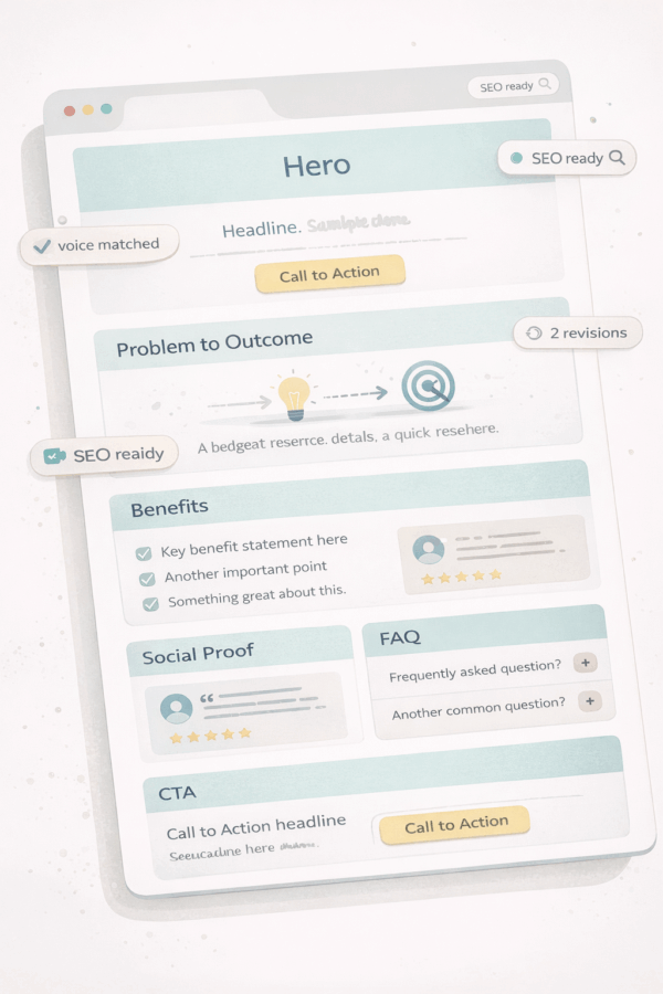 Laptop showing single-page layout wireframe for website copywriting service