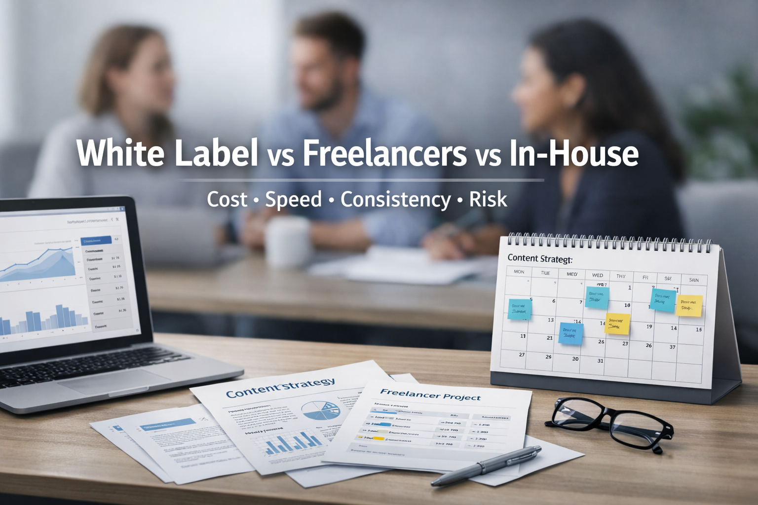 white label copywriting Agency team reviewing a document with edits, representing editorial quality control and brand voice consistency.