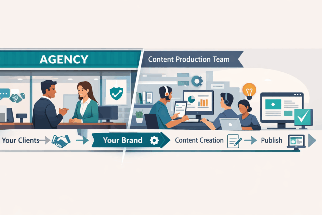 A simple diagram showing an agency owning client strategy while a white label SEO partner delivers content and on-page updates behind the scenes.