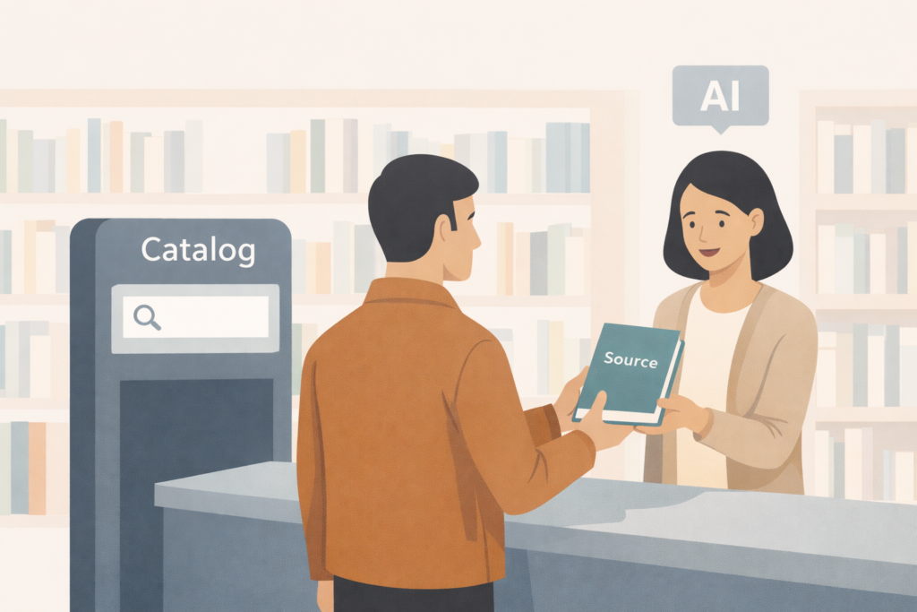 Illustration of a librarian handing a book to a reader, representing AI choosing trustworthy sources from the web.