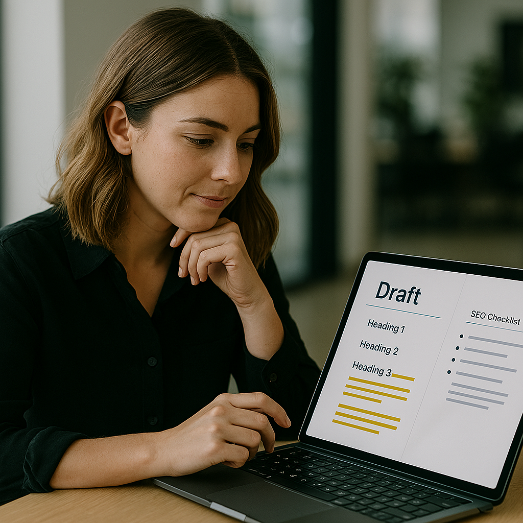 Marketing lead reviewing a draft on a tablet with simple headings and highlighted edits, candid office scene, natural light