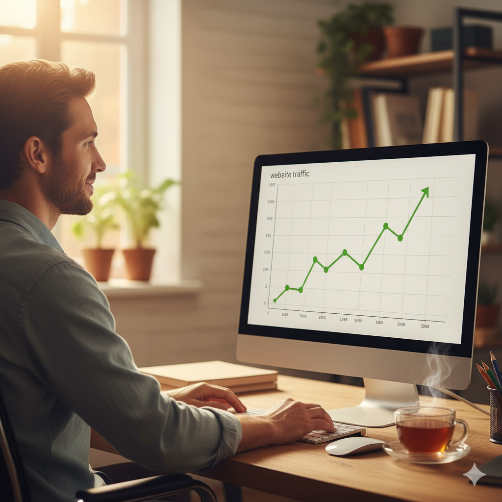 guy looking at a graph of site visits from his blog post